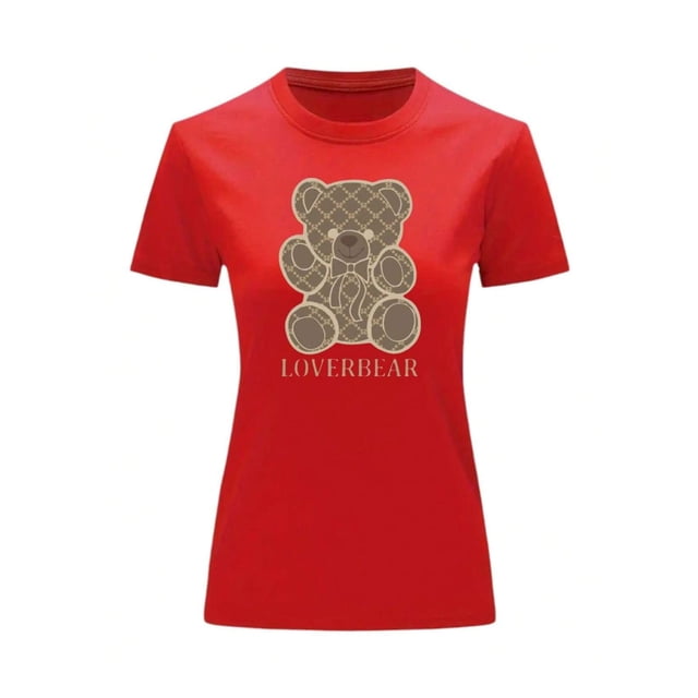 Playera Blusa Con Impresion De Oso LoverBear Con Fondo De Dinero Ropa De Mujer Juvenil Color Rojo Talla Mediana Marca Emil SaEs