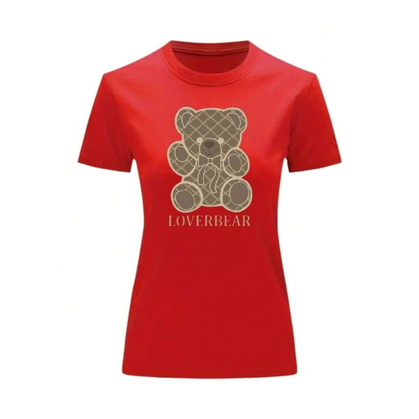 Playera Blusa Con Impresion De Oso LoverBear Con Fondo De Dinero Ropa De Mujer Juvenil Color Rojo Talla Mediana Marca Emil SaEs
