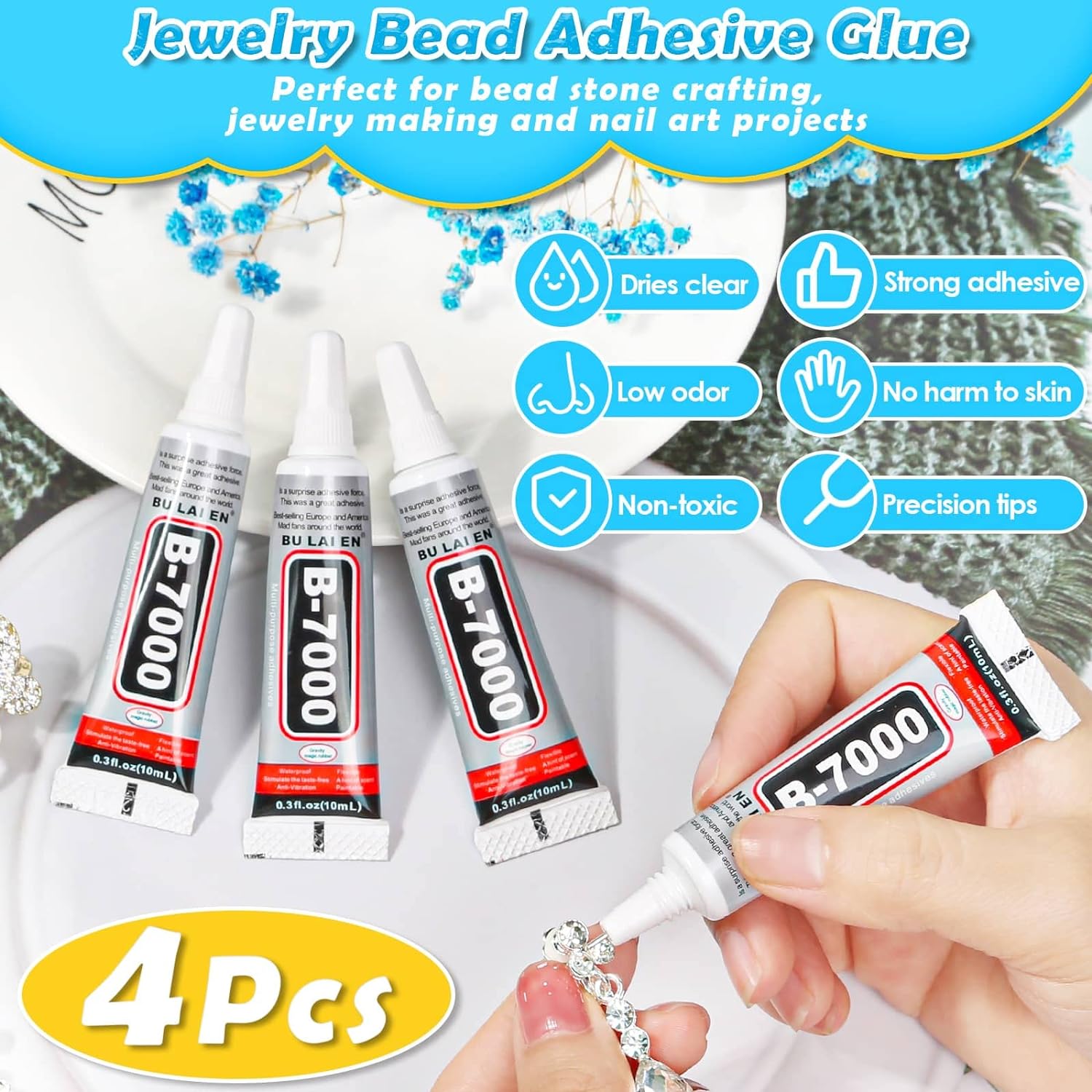 B7000 Jewelry Glue with Rhinestones for Crafts, 6300Pcs Rhinestones with Gems Adhesive for Shoes Cloth Fabric with Picker Pencil for Crafting Diamond Art Graduation Cap Decorations