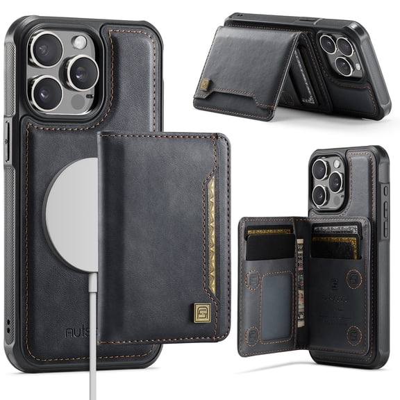 Wallet Case for iPhone 15 Pro Max,Compatible with MagSafe for Men Women,Detachable Magnetic Wallet Phone Case with Card Holder,Kickstand,PU Leather Shockproof Anti-fall Phone Case,Black