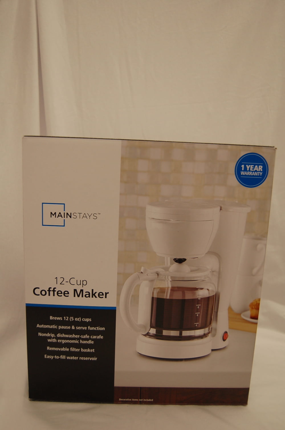 Mainstays 12-Cup Drip Coffee Maker with Anti-Drip and Pause and Serve, White