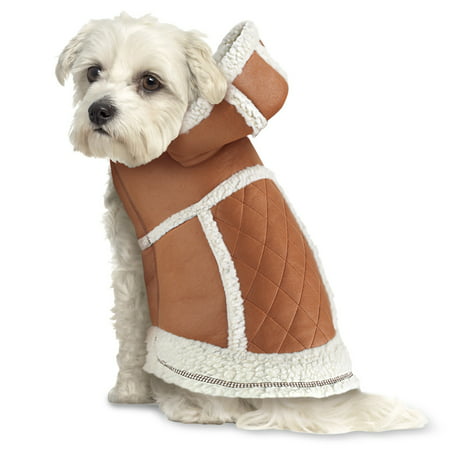Warm Quilted Faux Suede Winter Dog Coat with Hood - Sherpa Lining and Fleece Trim with Easy On/Off