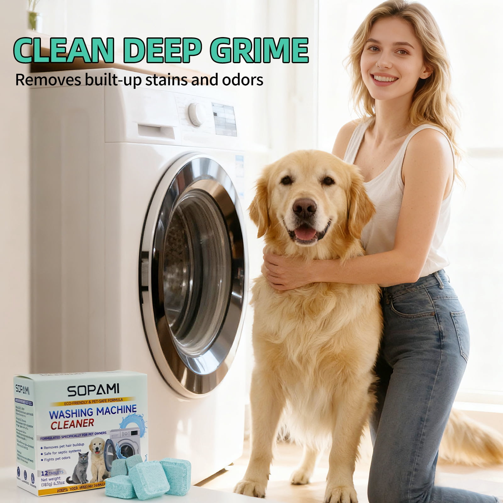 SOPAMI Washing Machine Cleaner Tablets 24-Pack (12 Month Supply) for HE/Top/Front Load Washers - Removes Stubborn Pet Hair, Odors, Mold & Residue, Septic Safe & Fragrance Free