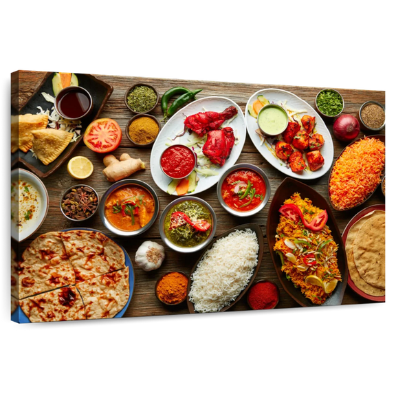 Elephant Stock Indian Cuisine Specialties Wall Art - Horizontal Canvas Wall Art - Dining Room Wall Decor - Food And Drink Canvas - Brown And White Decor - 12" x 8"