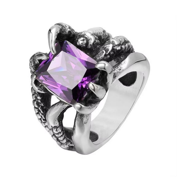 PAMTIER Men's and Women's Stainless Steel Vintage Punk Animals Openwork Design Dragon Claw Ring with Purple Gemstone Silver Size 7
