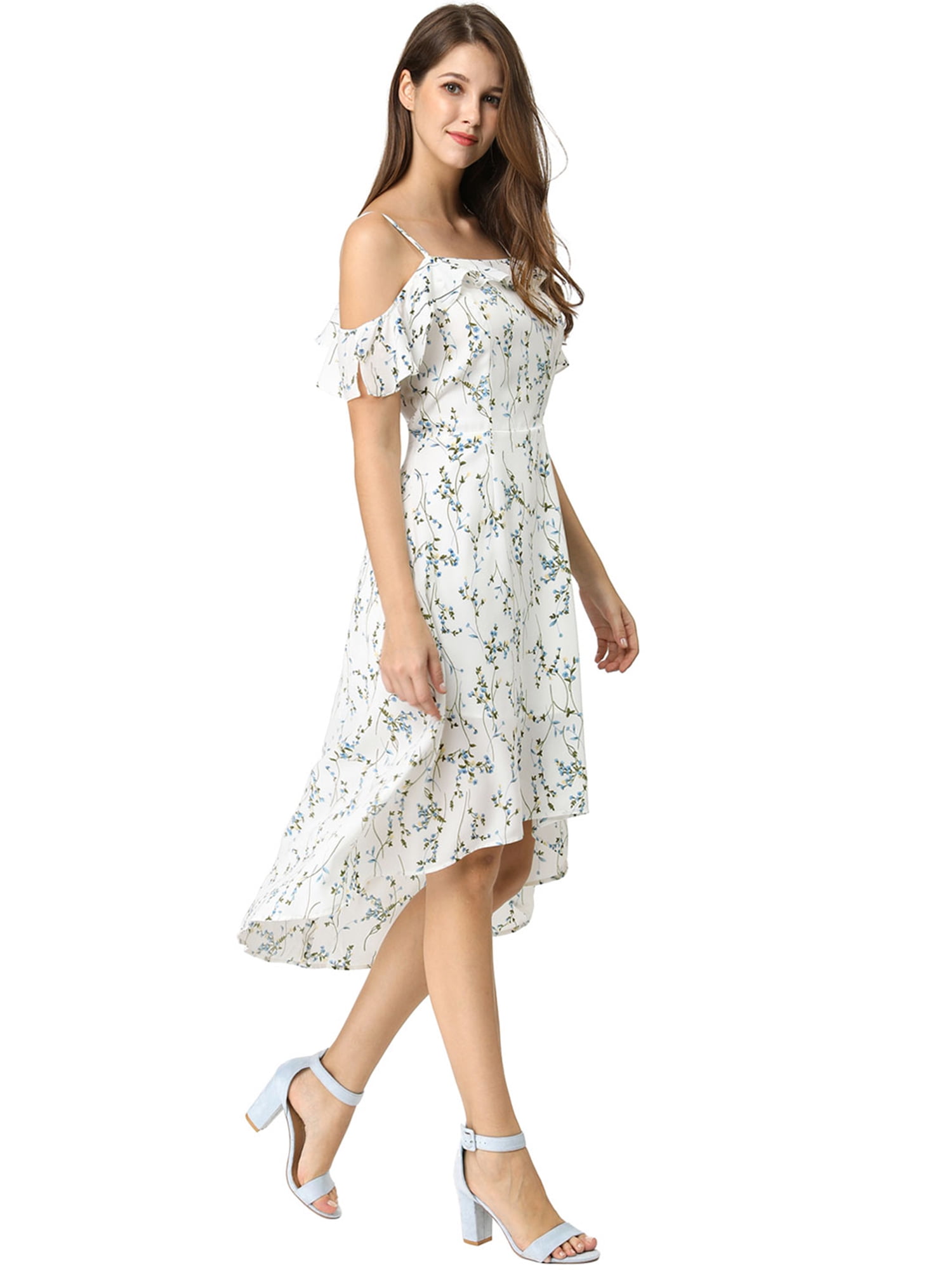 DARING DIVA Floral Spaghetti Straps Ruffled Sleeve Midi Dress XL White Blue