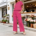 thumbnail image 4 of Mifsaly Striped Lounge Set for Women 2 Piece Short Sleeve Relaxed Top and High Waisted Wide Leg Pants with Pockets Flowy Trendy Casual Summer Beach Vacation Matching Outfits Pink,L, 4 of 7