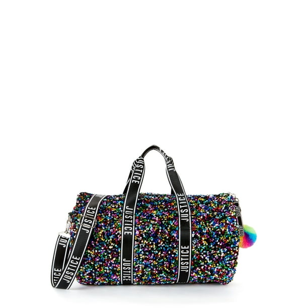 Justice Girls Weekender Duffel Handbag Black Iridescent Sparkle