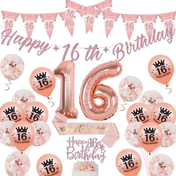 16th Birthday Decorations Rose Gold Balloons Sweet 16 Birthday Decorations Happy 16th Birthday Banner Sash Cake Topper 16th Birthday Triangle Garland