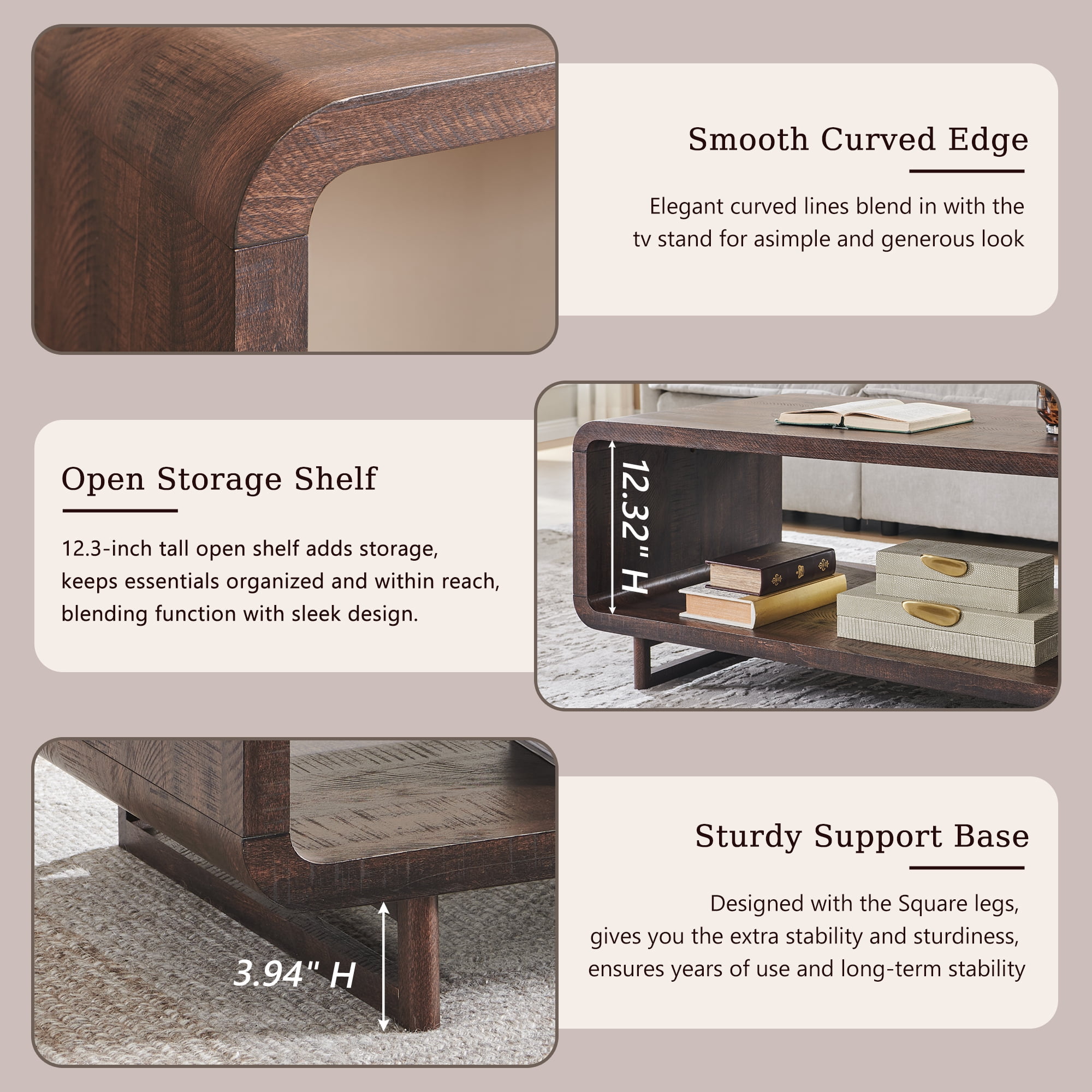 SinCiDo Modern Coffee Table with Storage Shelf, 2-Tier Wooden Rectangular Minimalist Center Table, Curved Profile Design for Living Room, Office, Brown
