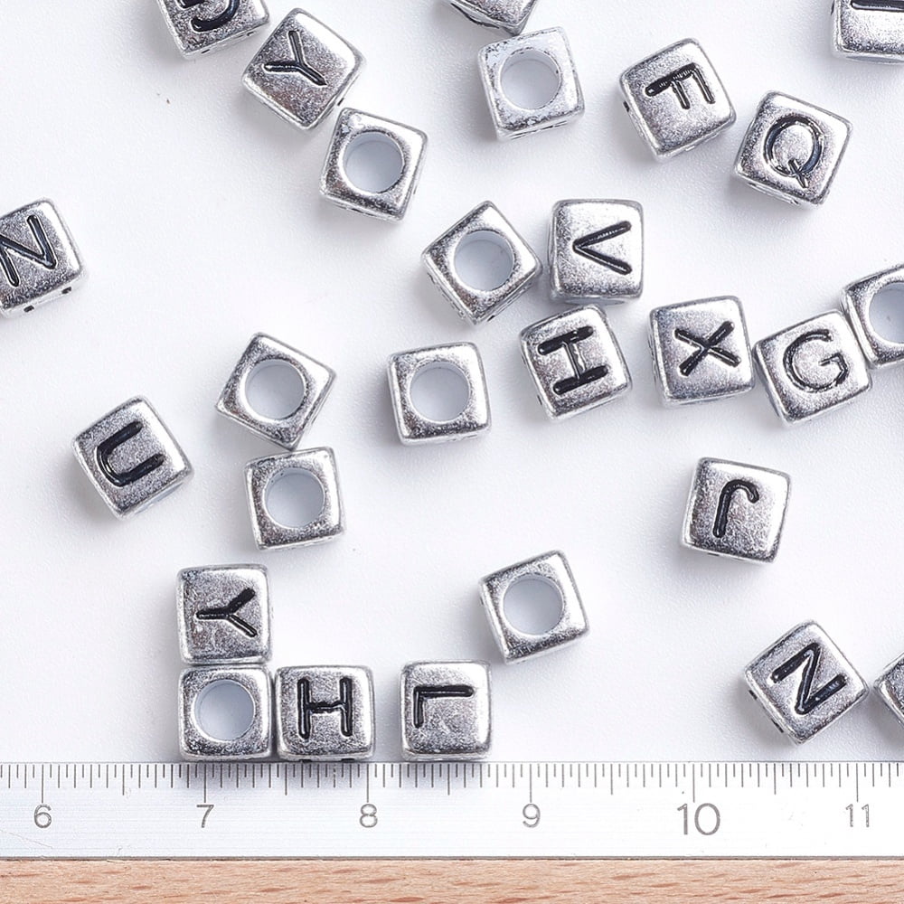 500 g Silver Plated Large Hole Acrylic European Beads Horizontal Hole Cube with Letter Random Mixed Letters 6x6x6mm Hole: 4mm about
