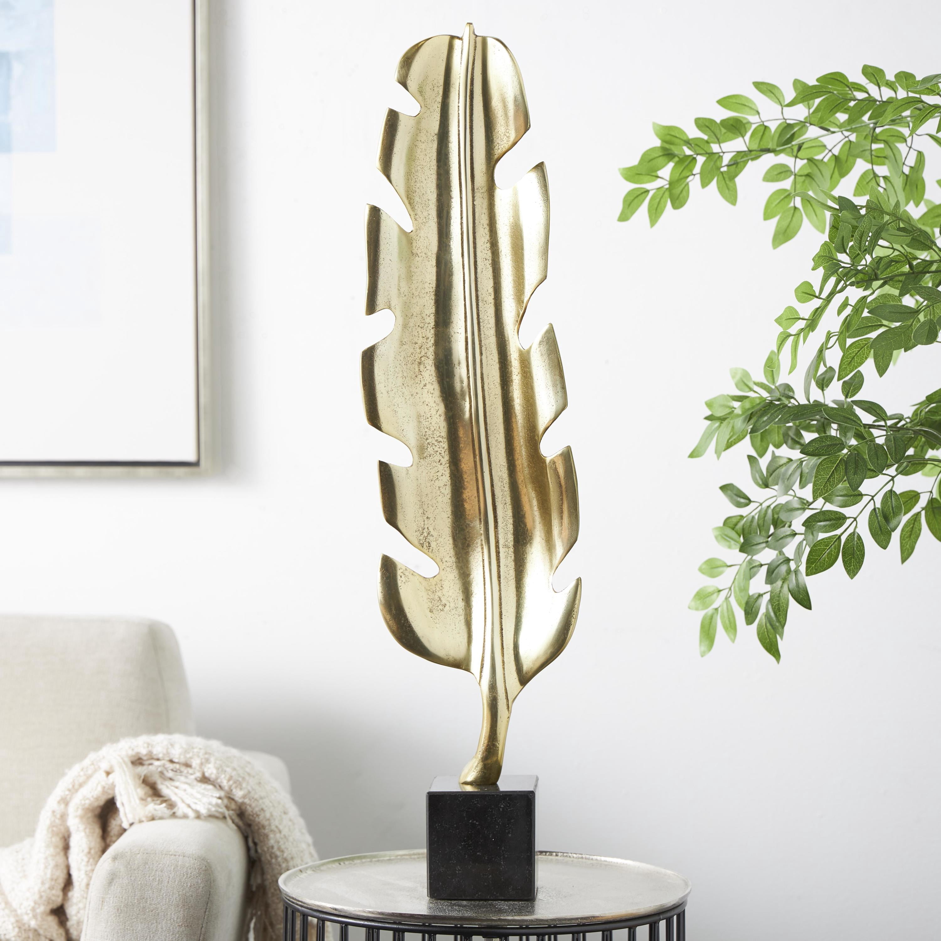 8" x 33" Gold Aluminum Metal Feather Bird Sculpture with Black Marble Base, by CosmoLiving by Cosmopolitan