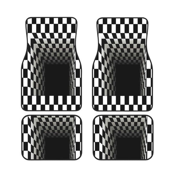 Xecao 3d Black and White Checkerboard Tunnel Print Car Foot Mat Set of 4 Pieces Neoprene All-Weather Dust-Proof Stain-resistantCar Interior Decorative mats Non-Slip Mats