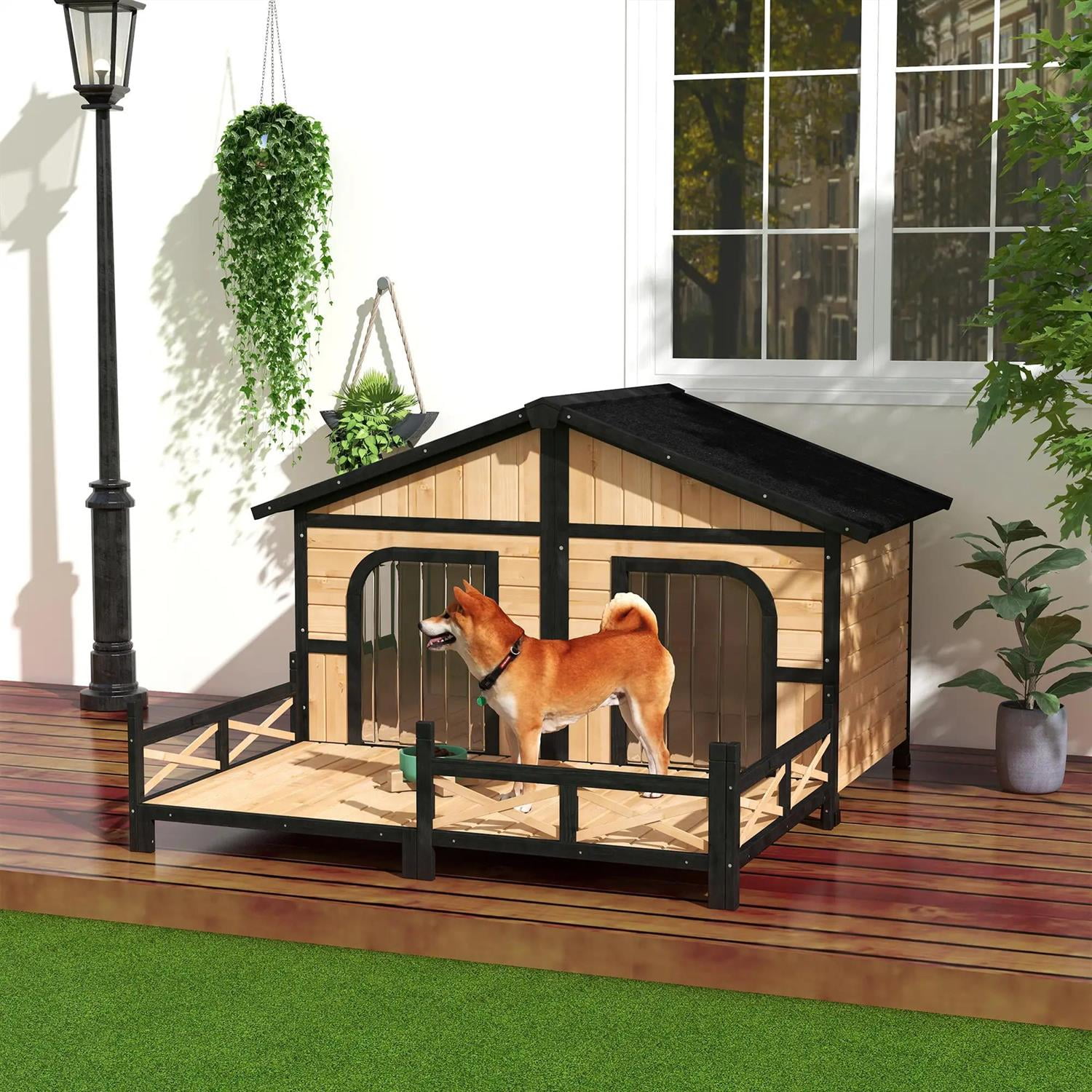 Pefilos 59" Outdoor Dog House with Porch, Double Room, Openable Roof, Removable Bottom, Wooden Dog House with Elevated Floor for Small to Medium Dogs, Beige
