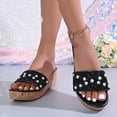 thumbnail image 2 of Rokment Women's Sparkly Sequin Pearl Platform Wedge Dressy Slip On Sandals Bridal Bling Elegant Platform Chunky Heeled Dress Slides for Bride Wedding Summer Black Size 6, 2 of 7