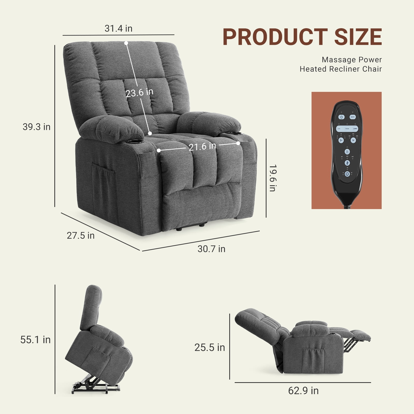 CONCETTA Elderly Recliner with Massage and Heating, Home Theater Recliner Chair with Lumbar Support and Remote Control, For Home Office Living Room, Gray