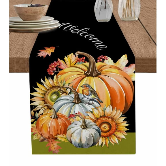 Burnt Orange Pumpkins Fall Burlap Cotton Table Runner 14x72 Inches Long, Thanksgiving Botanical Black Retro Farmhouse Table Runners, Outdoor Dining Tablecloths Decor for Baby Shower/Party/Wedding