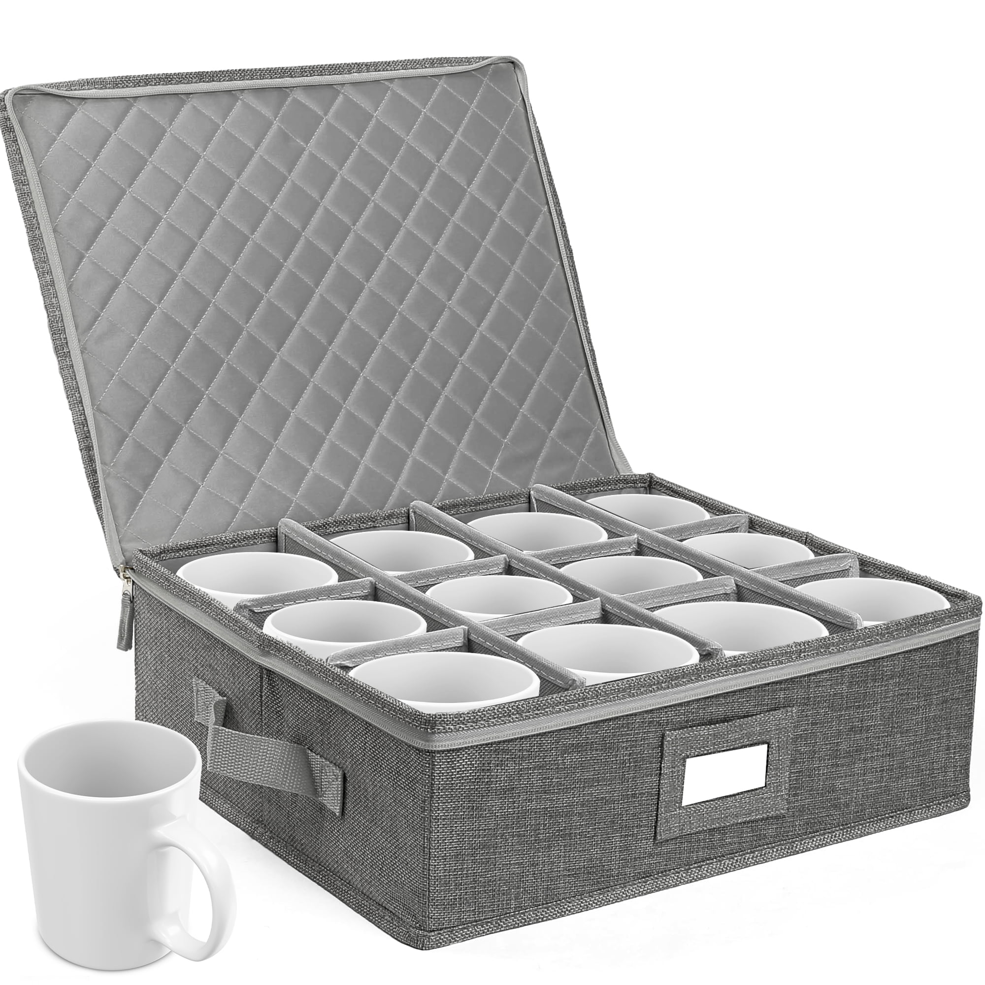 VERONLY Mug Storage Box with Dividers, China Storage Containers Hard Shell  Coffee Mug Storage Case Chest with Zipper Lid and Handles, Stackable for 12