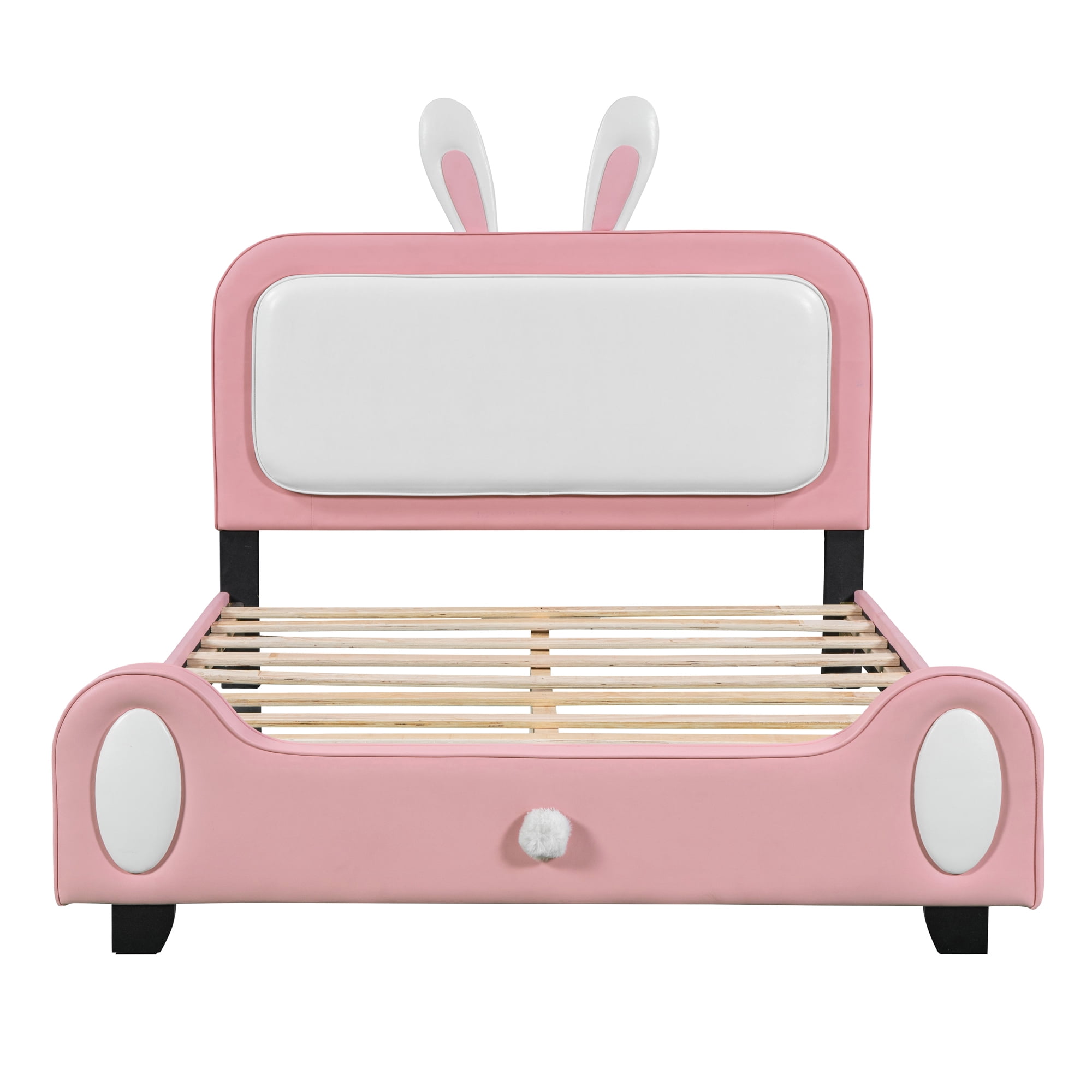 Aukfa Upholstered Platform Bed with Rabbit-Shape Headboard and Footboard, Full Size Princess Bed for Kids - White