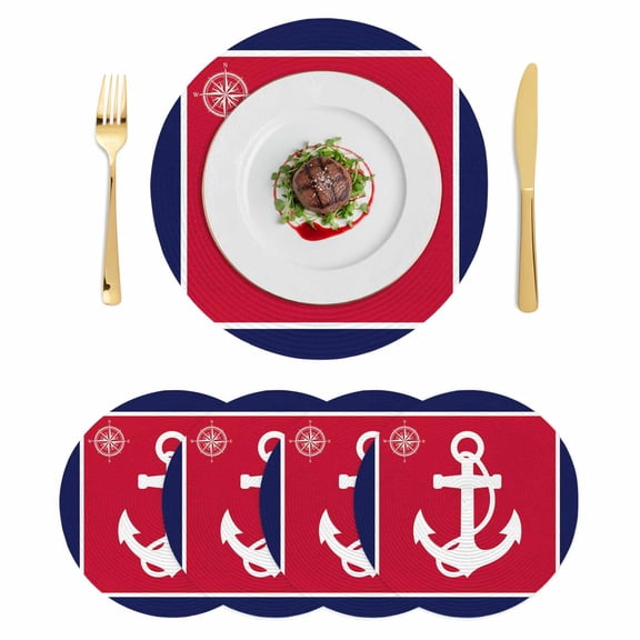 Nautical Anchor Round 13 Inch Placemats Set of 4, Blue Red Coastal Ocean Beach Compass HeatResistant Non Slip Place Mats for Dining Table, Wipeable Braided Kitchen Table Mats for Housewarming