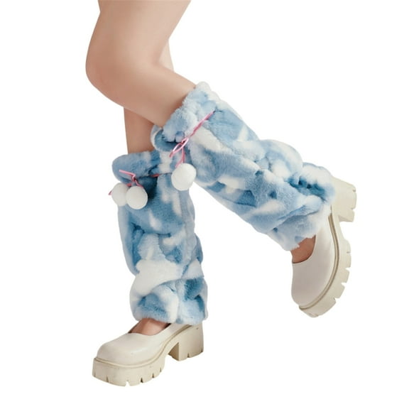 GRABLOOM Women Aesthetic Plush Leg Warmers Footless Long Socks Gaiters with Sweet Balls Bowknot Fuzzy Boot Covers Streetwear