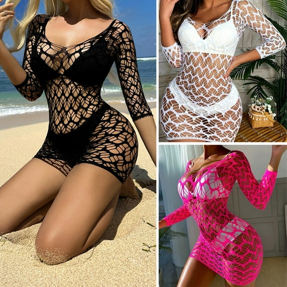 Women Summer Beach Cover-up Hollow Out Long Sleeves Slim Fit Low-cut V Neck Backless See-through Bikini Beach Mini Dress Beach Mock