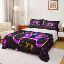 Manfei Neon Fuchsia Gamepad Twin Sheet Sets for Boys, Honeycomb Abstract Twin Fitted Sheet, Mystic Glitter Galaxy Flat Sheet, Breathable Home Decor, 3-Piece