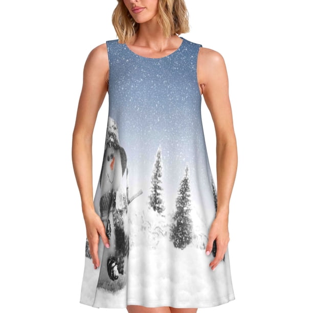 Balery Snowman And Christmas Tree Vestidos de verano para mujer con estampado: vestido holgado sin mangas, vestido playero informal y cómodo para días calurosos.
