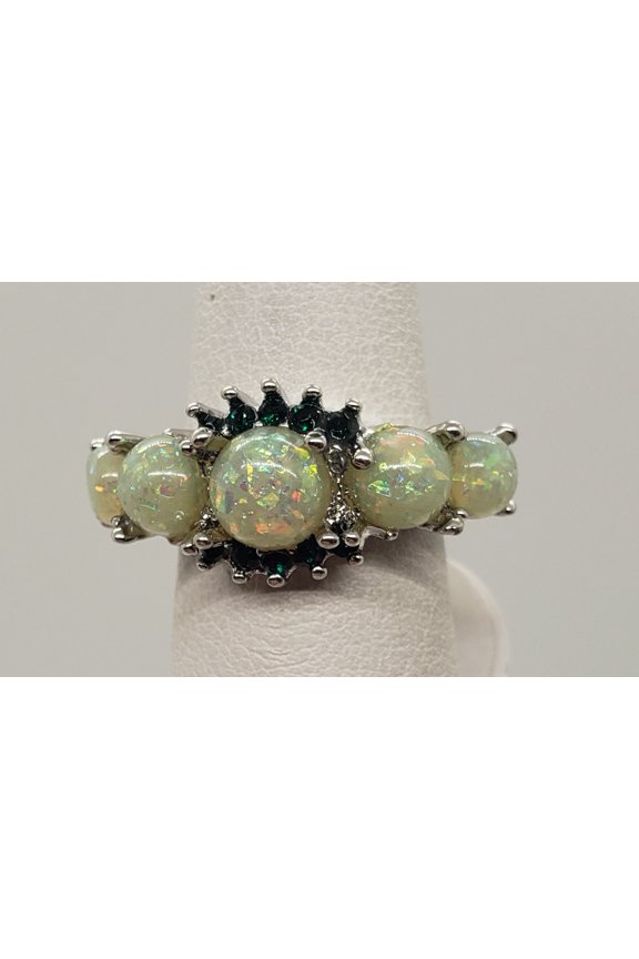 Size 5, Round Green Fire Opal Topaz Silver Ring