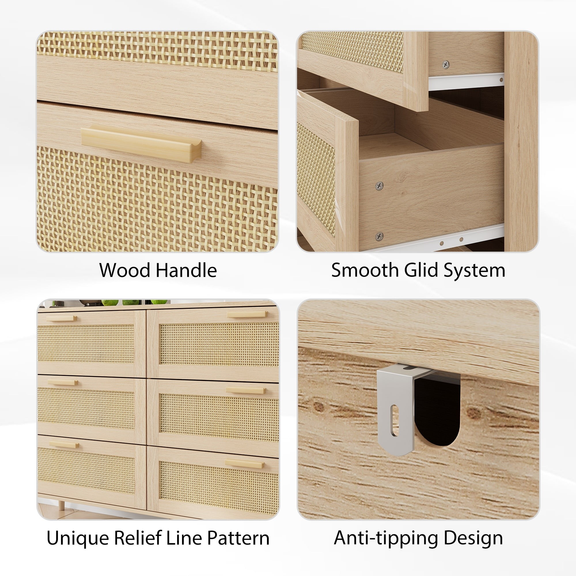 Finihen Rattan 6 Drawers Chest of Dressers, Modern 6 Drawer Dresser, Wide Chest of Drawers with wood Handles, Rattan Dresser Storage Cabinet, for Living Room, Bedroom, Hallway, Natural