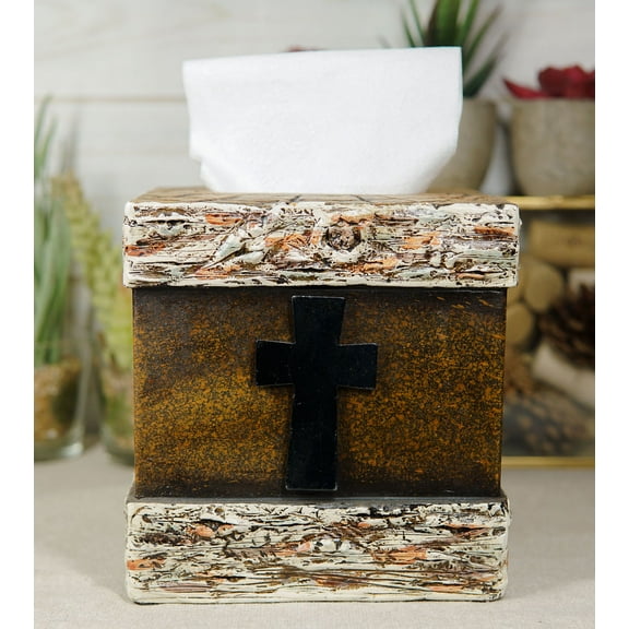 Rustic Western Fleur De Lis Cross With Birchwood Accent Tissue Box Holder Case