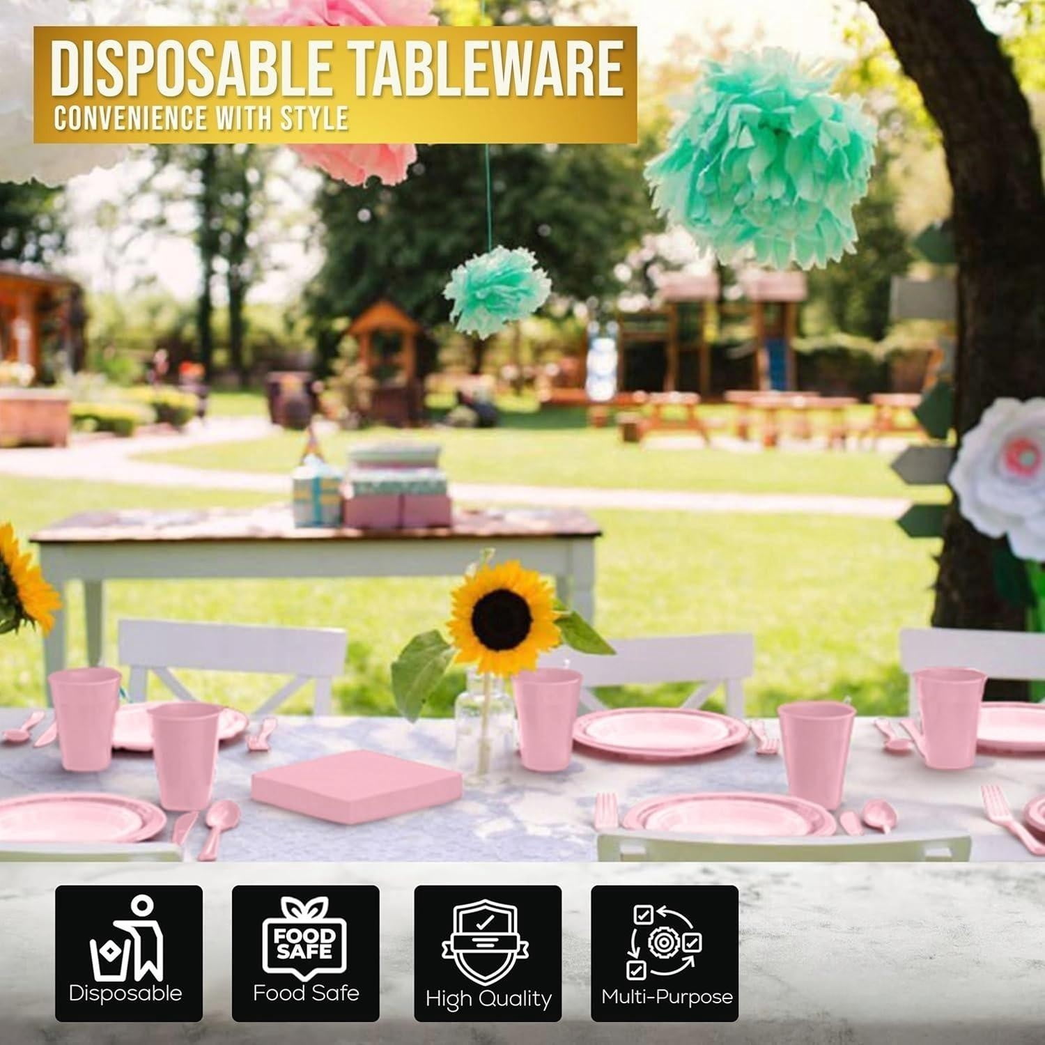 DFS 350-Piece Complete Pink Party Tableware Set, 50 Each of Dinner Plates, Dessert Plates, Cups, Napkins & Forks, Disposable Party Kit