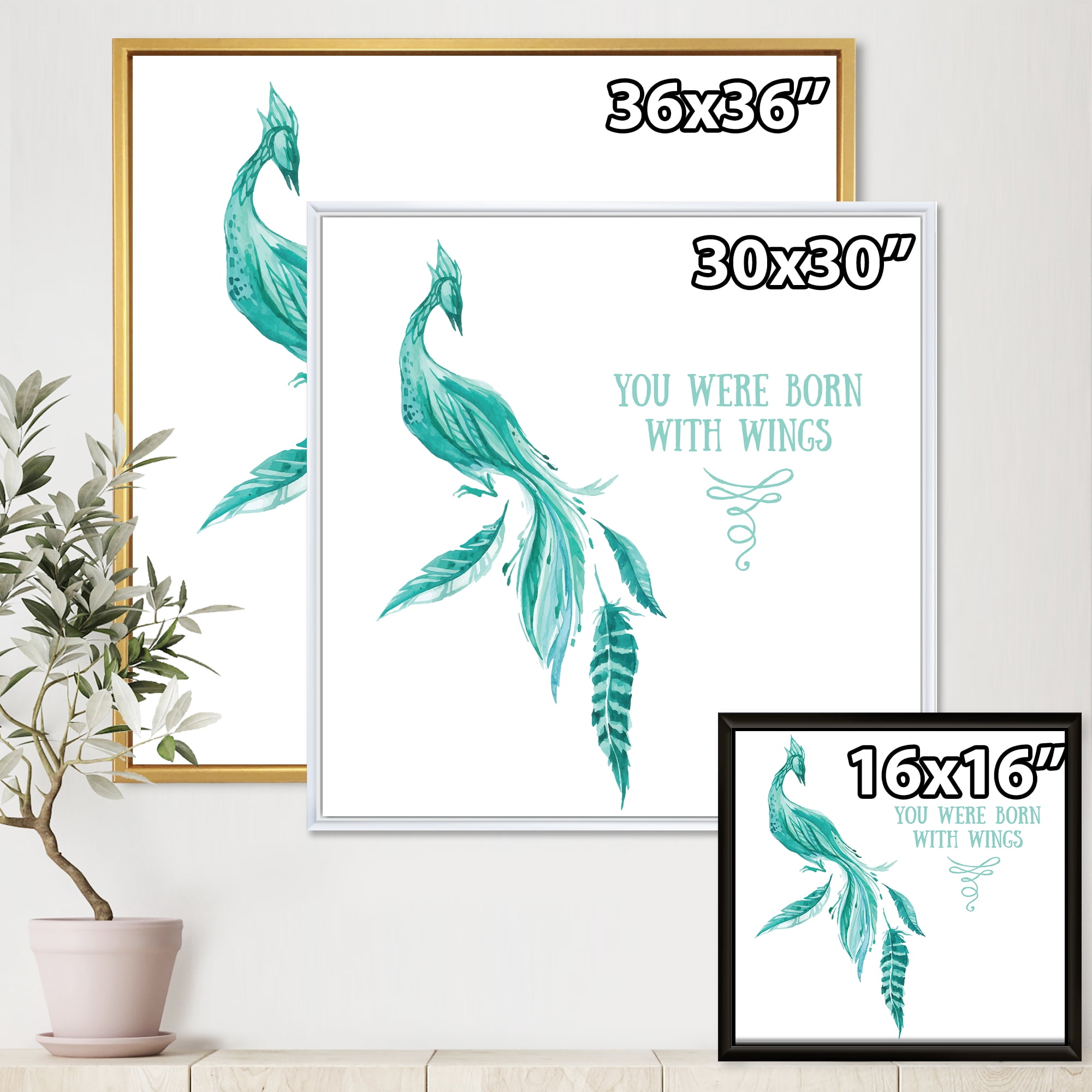 Designart 'Turquoise Bird You Were Born With Wings' Traditional Framed Canvas Wall Art Print
