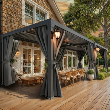 ModFusion 13' x 10' Louvered Outdoor Pergola Canopy Gazebo with Adjustable Roof and Curtains - Aluminum Frame, Gray