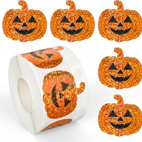 Halloween Pumpkin Stickers Roll Laser Pumpkin Shape Waterproof Decals Orange Sparkly Self-Adhesive Stickers for Halloween Party Envelope Scrapbook Decor, 500Pcs