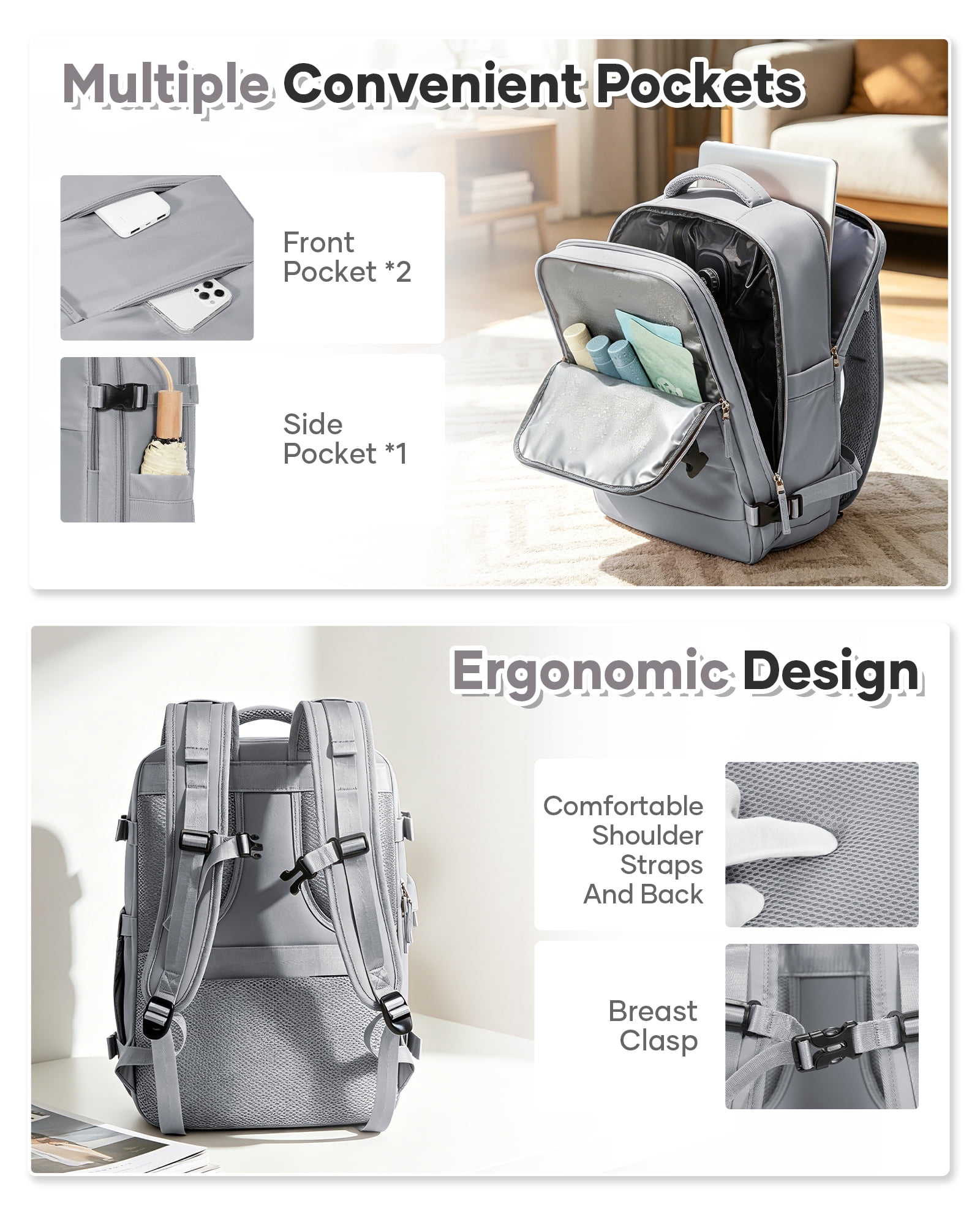 SYCNB Vacuum Travel Backpack for men women, Large Capacity Airline Approved Carry-On Backpack Features USB Charging Port, Waterproof Rucksack Fits 16 Inch Laptop, for Traveling Business, Gray