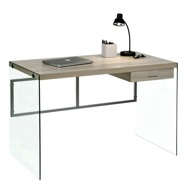 Escher Skye Computer Writing Desk Glass And Wood Light Oak