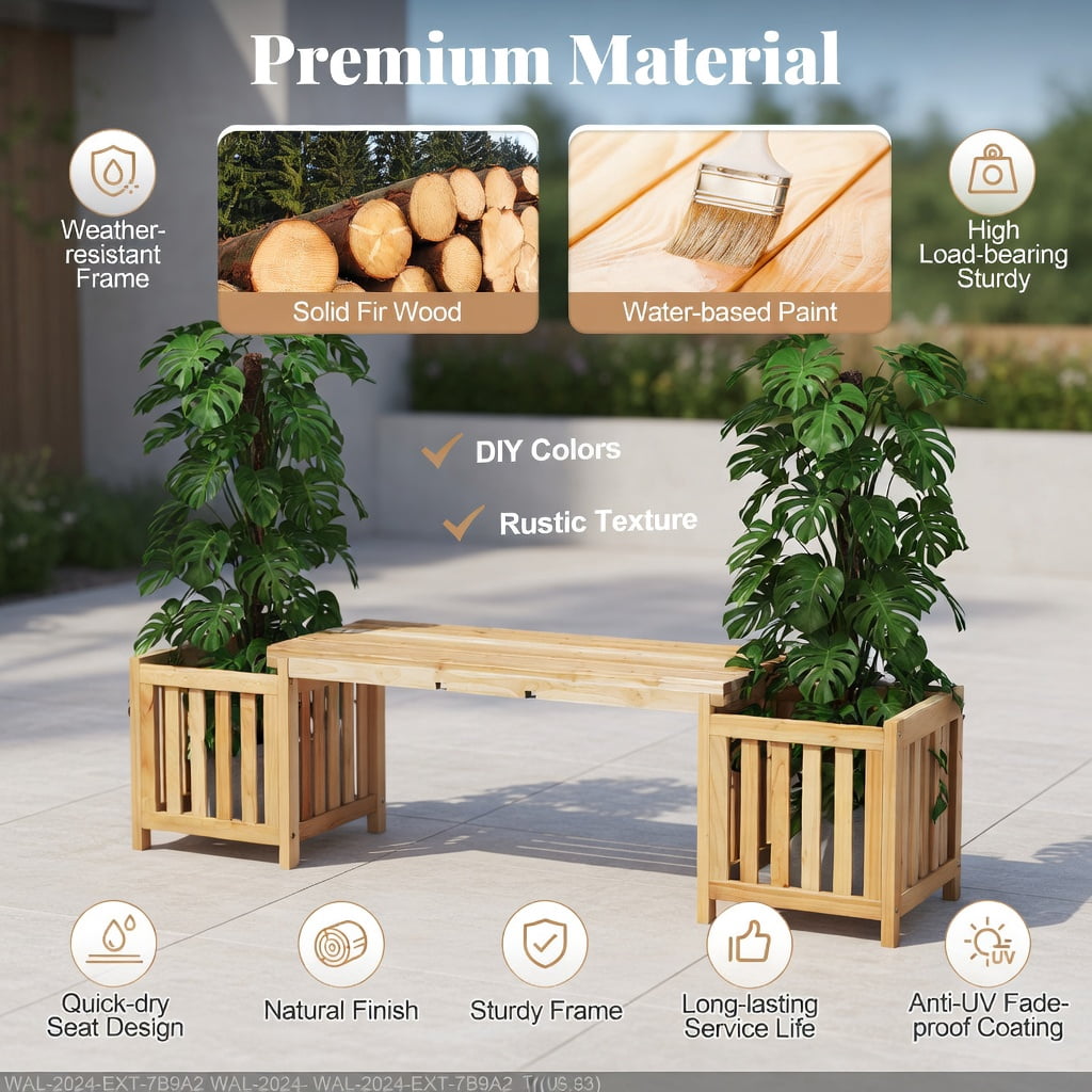 Hommoo Fir Wood Outdoor Patio Bench with Built-in Planter Boxes, 2-Person Seating & Dual Flower Beds for Garden, Backyard, Deck, Natural