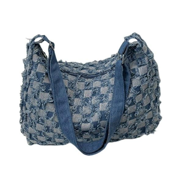 Fashionable Denims Checkered Tassels Shoulder Bag for Women Large Capacity Jeans Distressed Zippered Crossbody Handbag