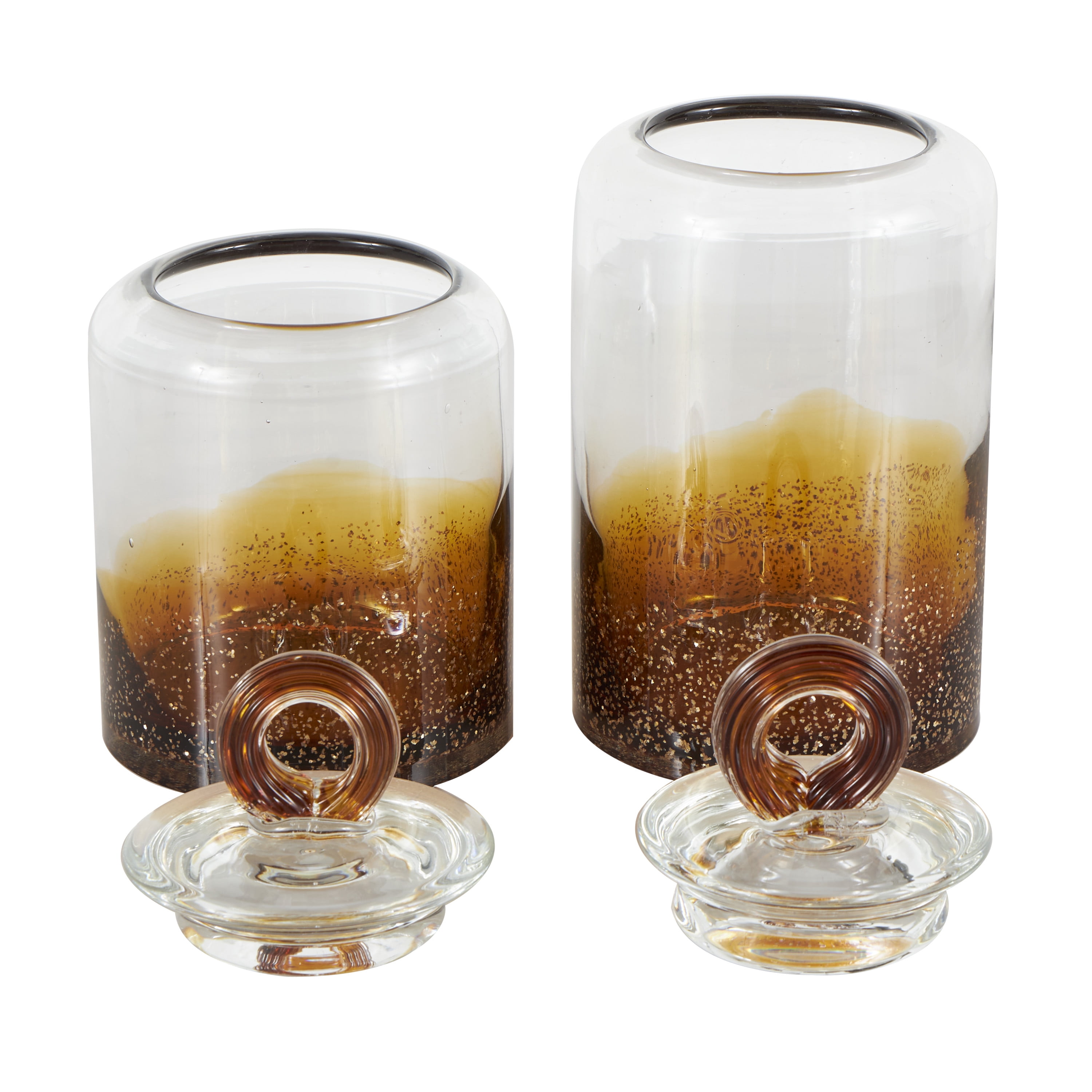 DecMode 9", 8"H Brown Glass Handmade Decorative Jars with Gold Flake Details and Ring Lids, 2-Pieces