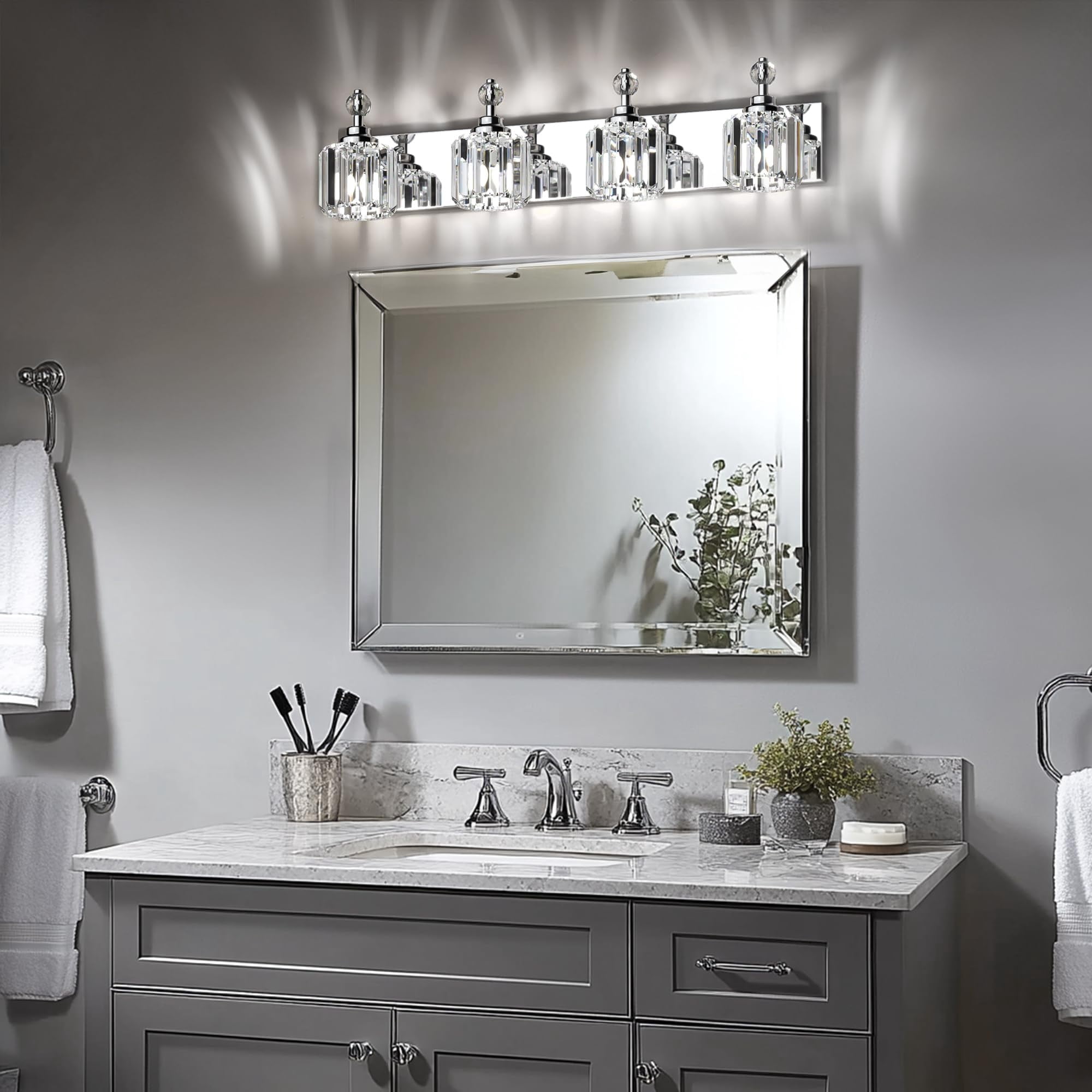 4 Light Crystal Bathroom Vanity Light Chrome Wall Light Fixture Modern Vanity Lighting Over Mirror E12-Base