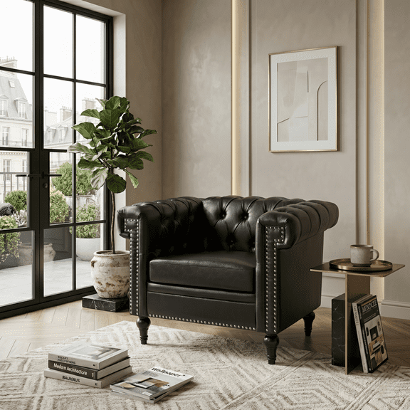 FFZ Mid-Century PU Swivel 1 Seater Sofa with Accent Chair, Black
