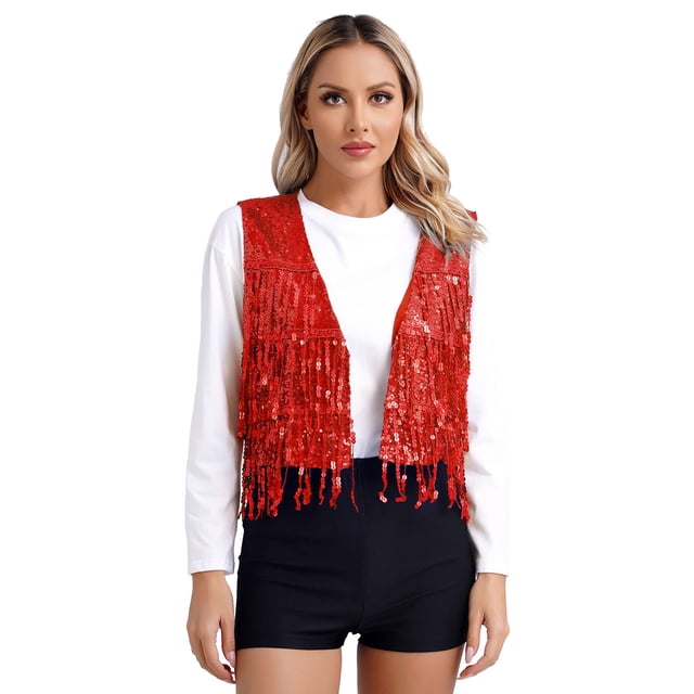 renvena Womens Sequin Sleeveless Vest V Neck Open Front Glitter Tassel Waistcoat Rave Dance Vest Red XL