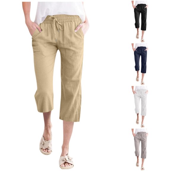 XIAONU Women's Capri Pants Solid Drawstring Waist Patch Pockets Daily Wear Capris