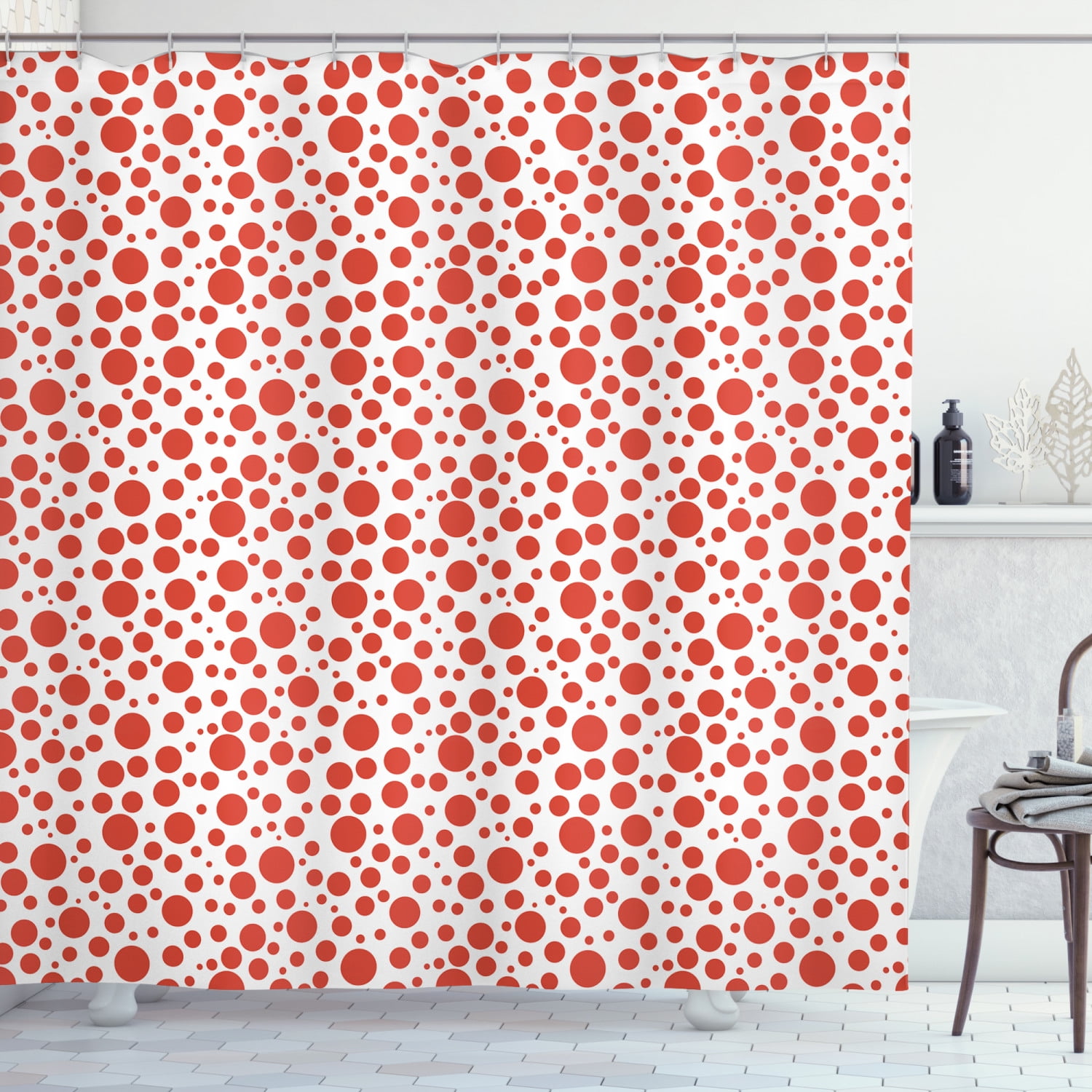 Abstract Shower Curtain, Red Polka Dots on White Background Bubble Like