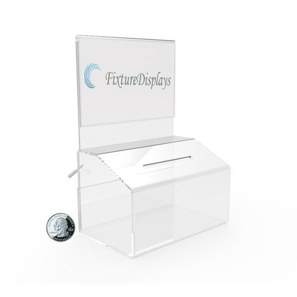 FixtureDisplays® 5"W x 7.3"H x 3.5" LOCKING FUNDRAISING CHARITY DONATION BOX WITH SIGN CLEAR ACRYLIC PIGGYBANK TIP 14705