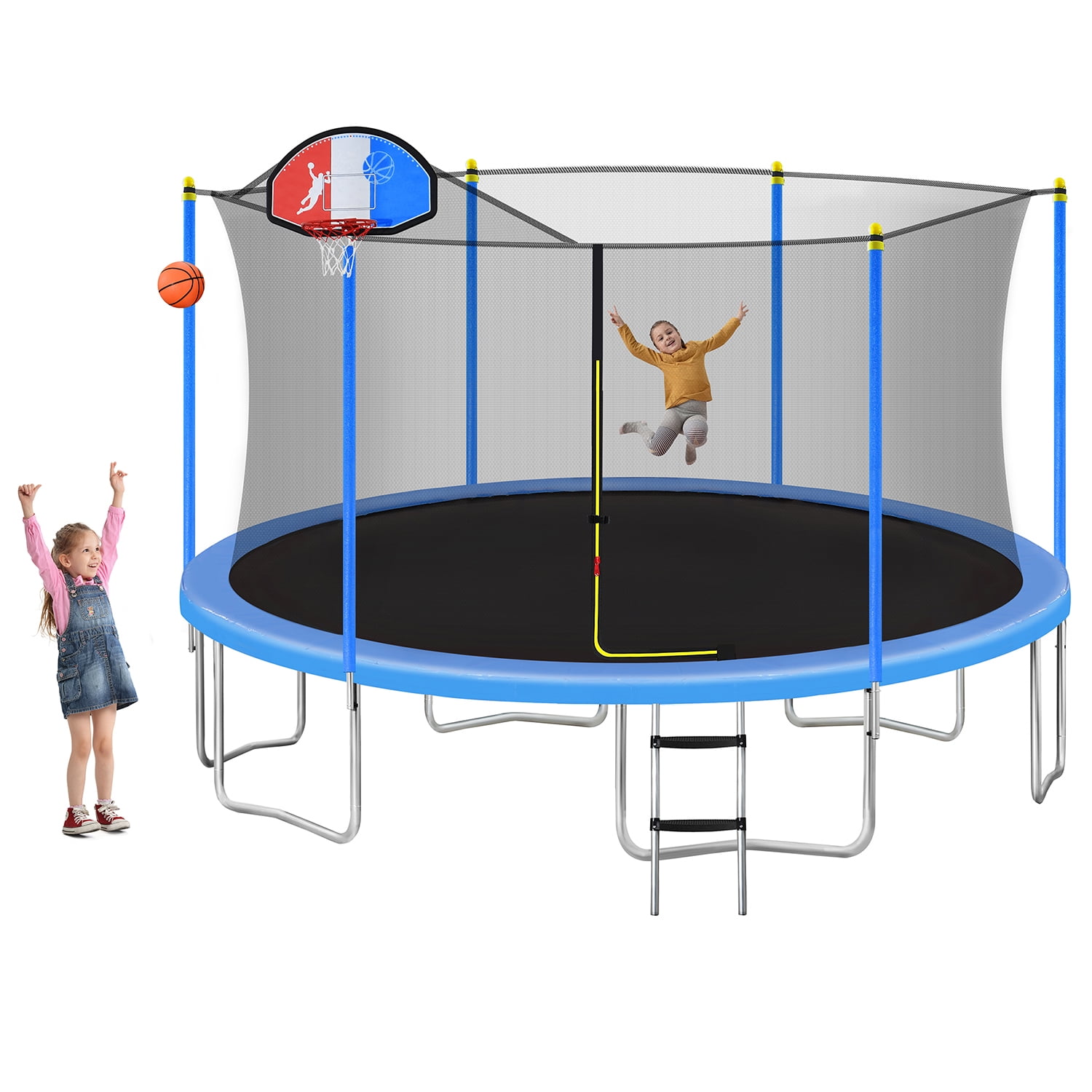 Kadyn 15FT Jumping Trampoline, Metal Mini Small Trampolines with Basketball Hoop and Ladder, Round Recreational Trampoline with Safety Enclosure Net, Blue Kadyn 15FT Jumping Trampoline, Metal Mini Small Trampolines with Basketball Hoop and Ladder, Round Recreational Trampoline with Safety Enclosure Net, Blue