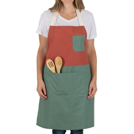Mainstays Chef Kitchen Apron, 28 x 32 Two Tone Bib Apron with Pockets for Cooking, Baking, Gardening in Red