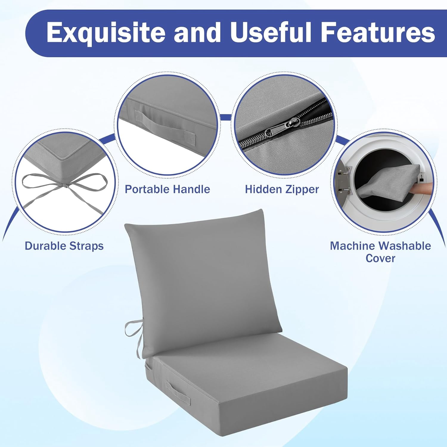 Outdoor Seat Cushion Set, Waterproof & Fade Resistant Patio Chair Cushions, Outdoors Cushion for Patio Furniture, 24 x 24 x 5.75 Inch, Outdoor Couch Cushions with Handle and Ties, Grey