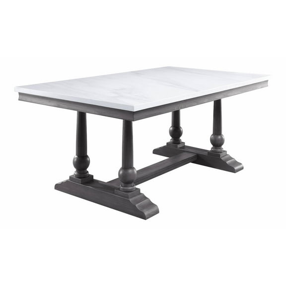 ACME Yabeina Rectangular Marble Top Trestle Dining Table in White and Gray Oak